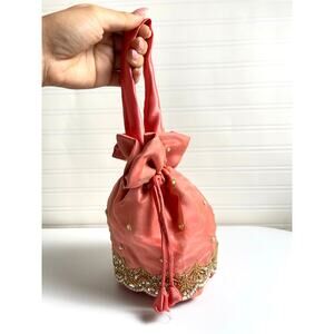 Women's Small Beaded Sequin Fabric Fairy Princess Potli Bag Coral Mermaid